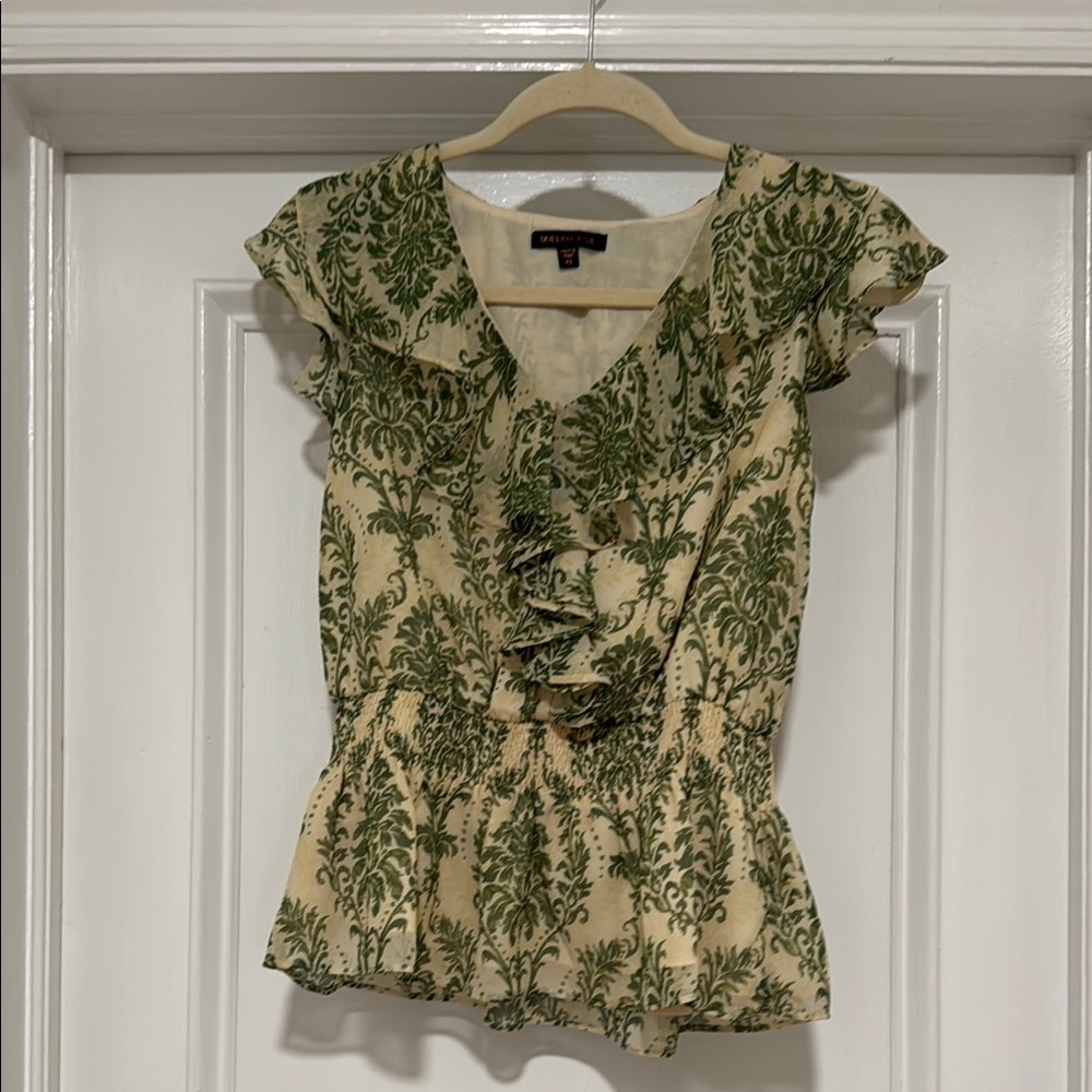Green and Cream Ruffle Top
